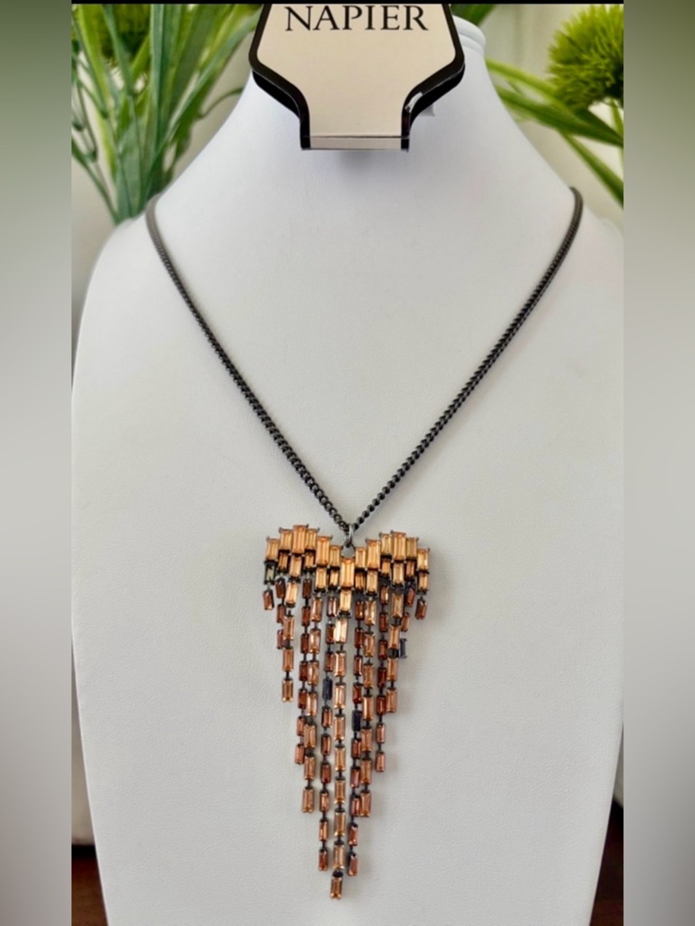 Napier Cascade Heart Reversible amber tone beads,fringe like,gunmetal chain